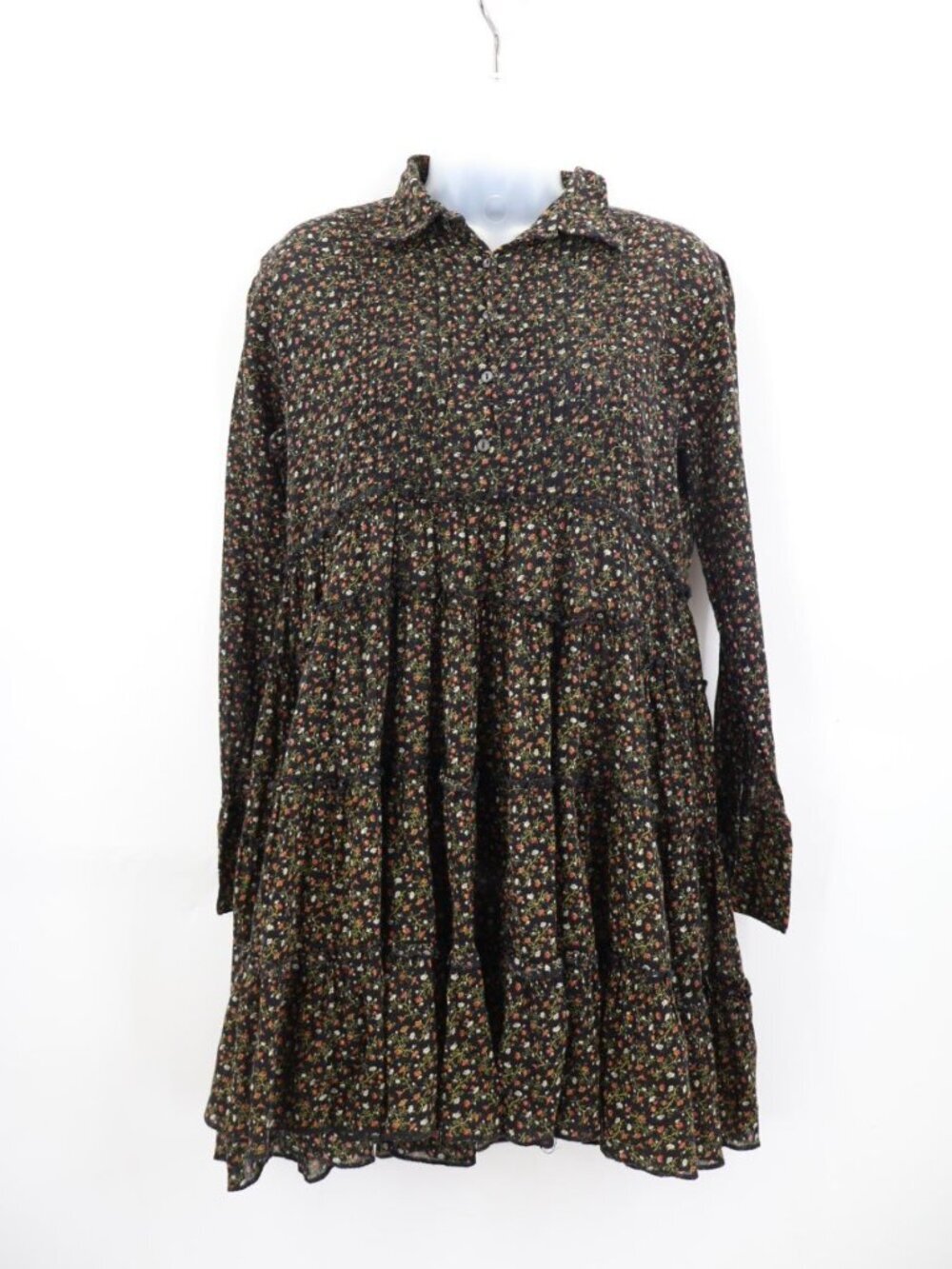 Ralph Lauren Denim & Supply Black Floral Tiered Mini Dress Long Sleeve Button M